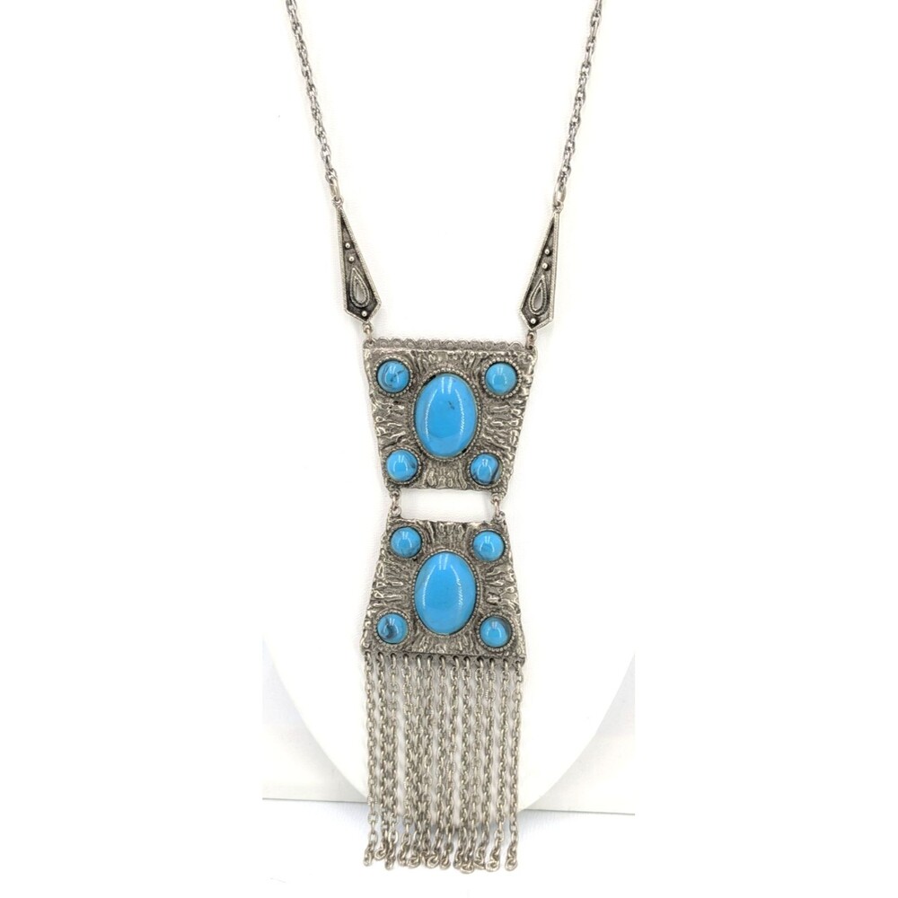 Vintage Fringe Pendant Necklace Faux Turquoise Silver Tone SW Boho 29in Tribal